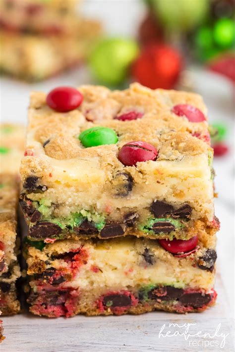 Christmas M&M Cookie Cheesecake Bars - My Heavenly Recipes