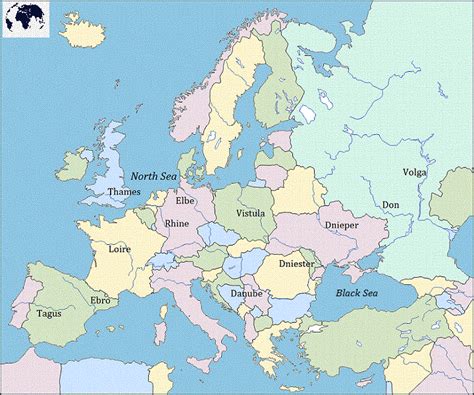 Free Labeled Map of Europe with Rivers in PDF