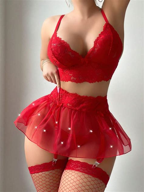 5pcs Sexy Lingerie Set Including Lace Wireless Bra Thong Mesh Patchwork Skirt And Two Pairs