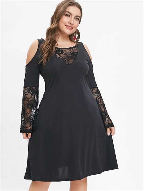 Wipalo Plus Size Lace Panel Cold Shoulder Dress Solid Color Flare Long