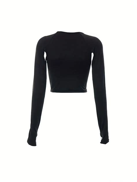 Hollow Crop Top Sexy Slim Crew Neck Long Sleeve Knitted Top Temu