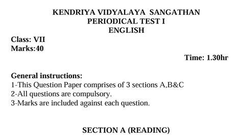 Class 7 ENGLISH PT 1 Paper For Kendriya Vidyalaya Students KVS