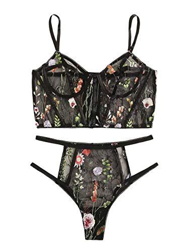 SOLY HUX Women S Floral Embroidered Mesh Underwire Bra And Panty Sexy Lingerie Set Black M