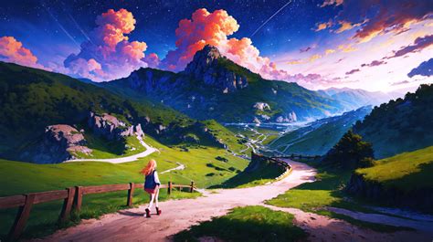 mountain anime girl hiking journey  alpine valley wallpaperhd