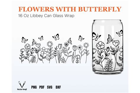 Flowers With Butterfly Libbey 16oz Can Glass Wrap Svg