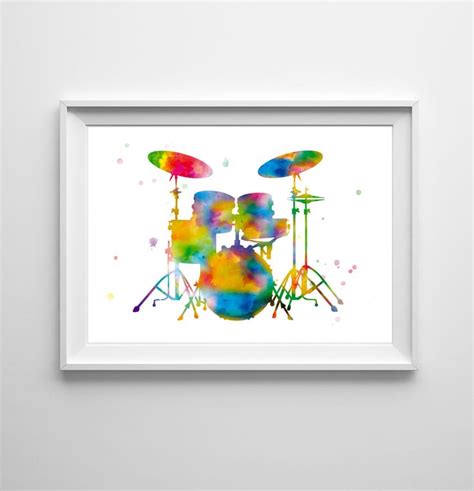 A Watercolor Painting Of A Drum Set On A White Wall Above A Black Frame