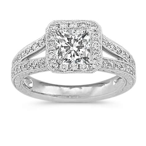 Halo Vintage Diamond Split Shank Platinum Engagement Ring With Engraving Shane Co