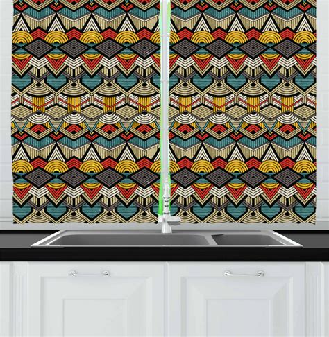 African Curtains 2 Panels Set Tribal Chevron Zigzags And Half Circles Folkloric Elements Sharp