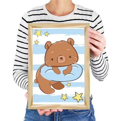 Quadro Infantil Ursinho Fundo Estrelado Listra Azul Elo