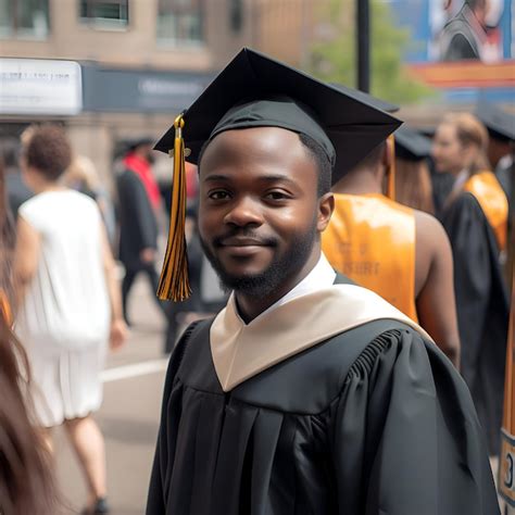 Joven Afroamericano Con Gorra De Graduaci N Y Bata De Pie Al Aire Libre