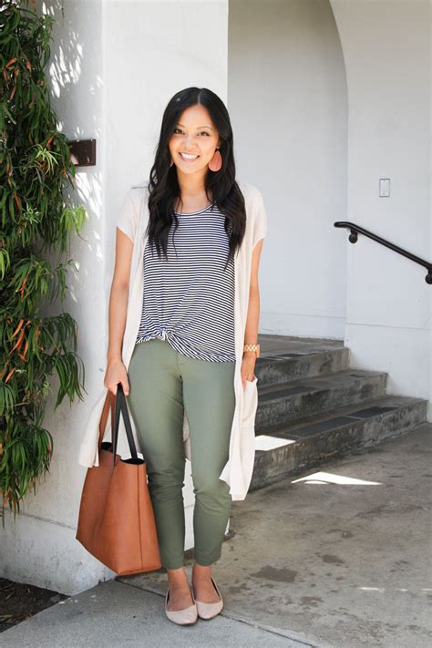 Short Sleeve Cardigan Striped Tee Green Chinos Blush Earrings Lazy Day Outfits Summer