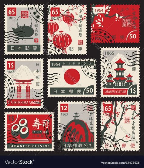 set of postage stamps on the theme of Japanese culture. Hieroglyph ...