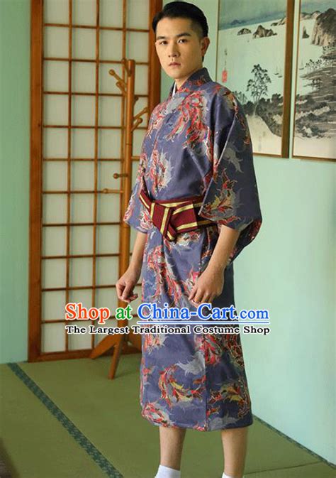 Japanese Ancient Male Kimono Costume Purple Yukata Robe Traditional