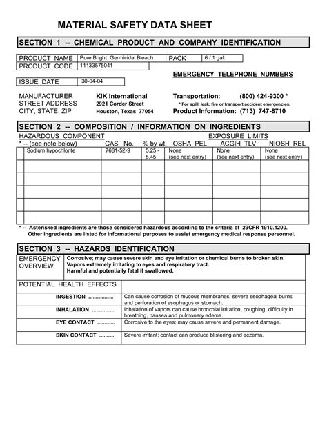 Printable Msds Data Sheets Bleach