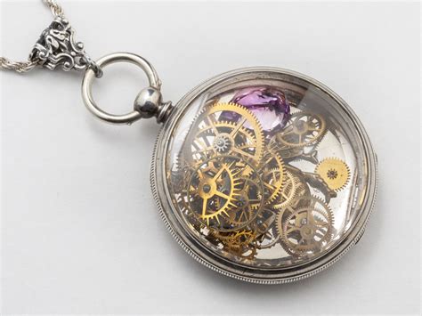 Steampunk Necklace Pocket Watch Movement Case Gears Amethyst Gold