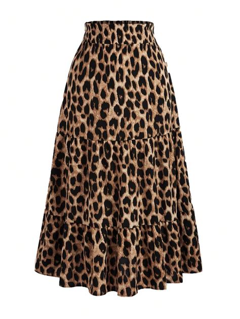 Shein Clasi Plus Size Leopard Print Skirt With Floral Lace Trim