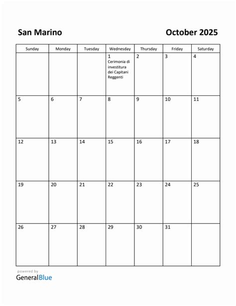 Free Printable October 2025 Calendar for San Marino