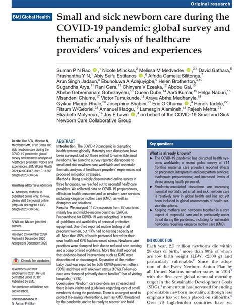 Small and sick newborn care during the COVID-19 pandemic: global survey ...