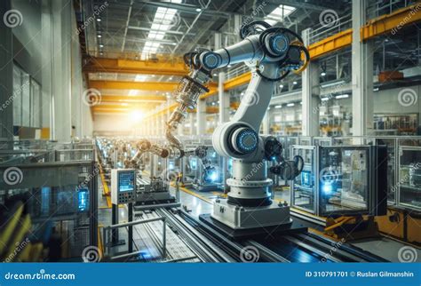 Robot Arms On Fully Automated Assembly Line Inside Modern Electronics