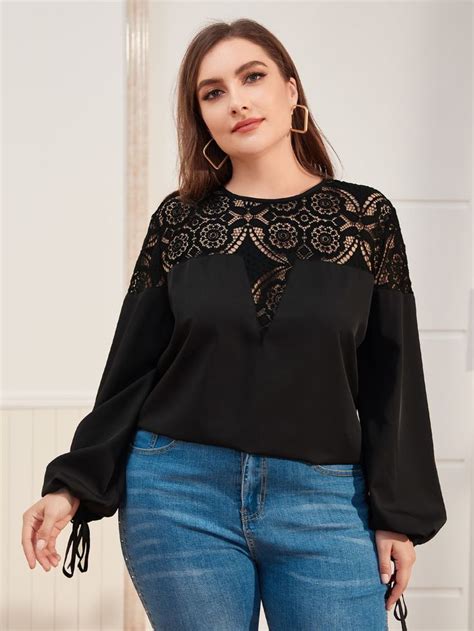 Plus Knot Cuff Lace Yoke Top Yoke Top Plus Size Tops Tops