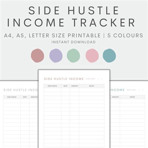 Side Hustle Income Tracker Printable Small Business Income Sheet