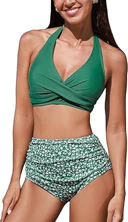 Amazon Cupshe Women S Bikini Sets Two Piece Bathing Suit High Waisted V Neck Wide Halter