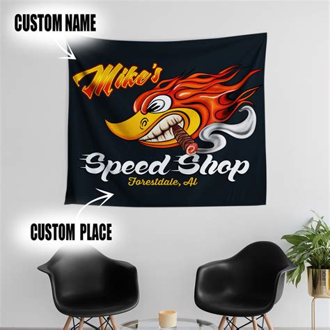 Personalized Hot Rod Garage Speed Shop Home Decor Man Cave Tapestry 09667 Rustypod Store