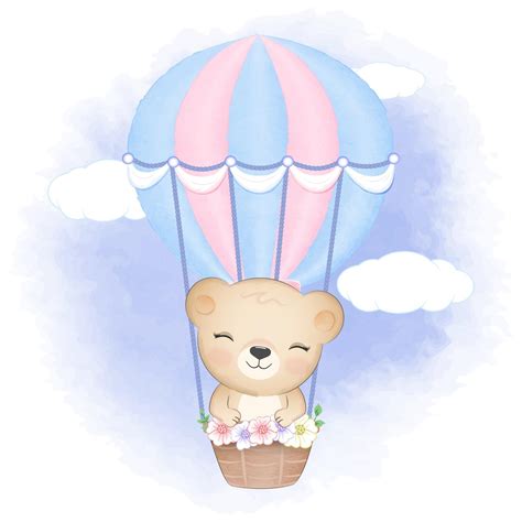 Cute Bear On Hot Air Balloon Illustration Vector Art At Vecteezy