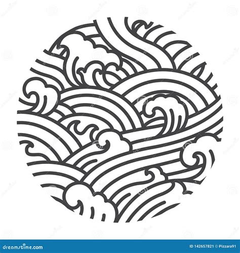 Water Wave Oriental Style Illustrate Vector Traditional Line Art