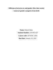 Differences Between Sex And Gender Docx Differences Between Sex And Gender How Does Society