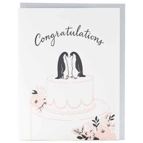 A Card With Two Penguins On Top Of A Cake And The Words Congratulations