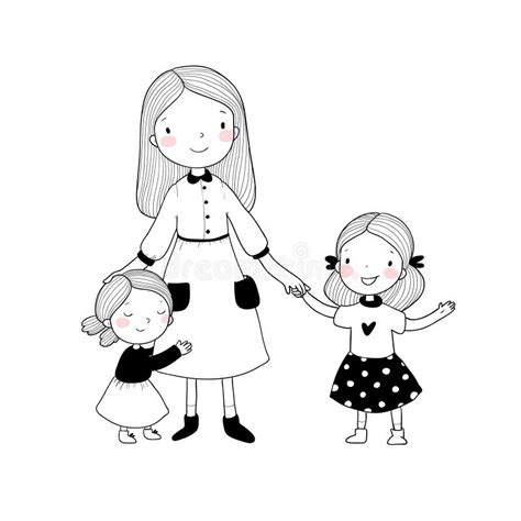 Jeune Mère Et Deux Filles Soeurs De Bande Dessinée Mignons Famille