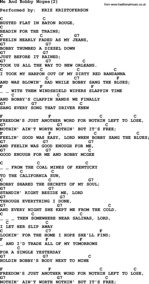 Kris Kristofferson Song Me And Bobby Mcgee Lyrics And Chords