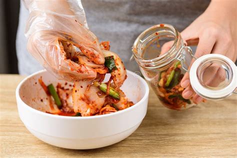 Kimchi Cabbage Cooking in Bowl and Fermentation in Jar Stock Photo ...