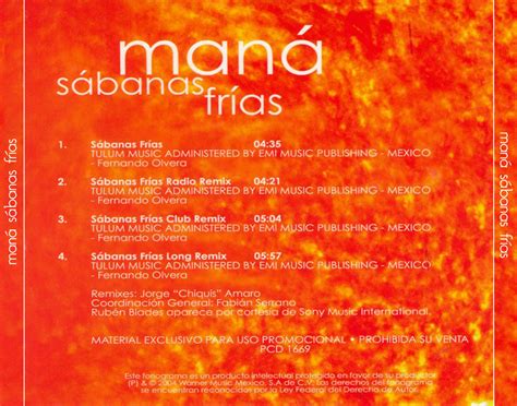 Car Tula Trasera De Mana Sabanas Frias Featuring Ruben Blades Cd