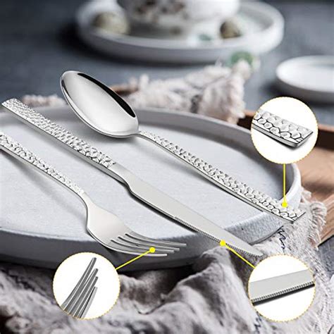 65 Piece Silverware Set With Serving Pieces E Far Stainless Steel Hammered Flatware Eating