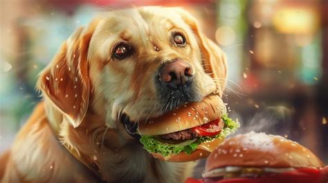 Premium Photo | A cute dog eating a burger