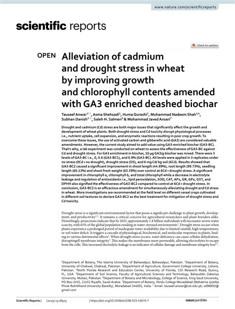 Pdf Alleviation Of Cadmium And Drought Stress In Wheat By Improving