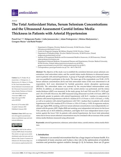 Pdf The Total Antioxidant Status Serum Selenium Concentrations And