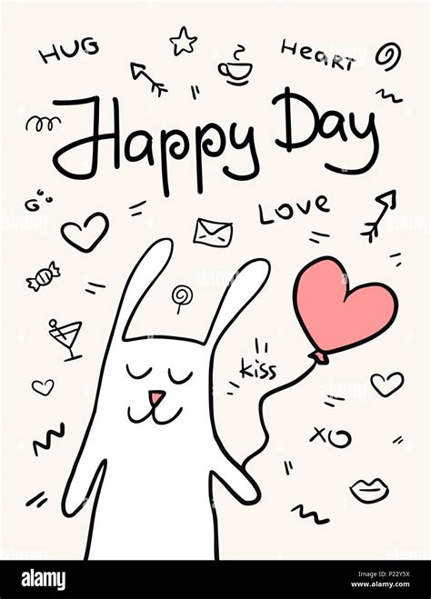 Happy day funny cartoon rabbit with pink heart balloon vector love card ...