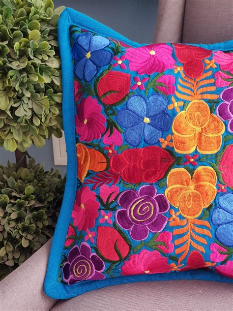 Mexican Embroidered Turquoise Pillow Mexican Teal Cover Etsy