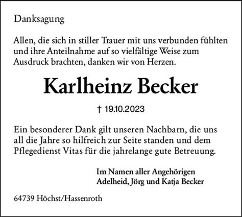 Traueranzeigen Von Karlheinz Becker Vrm Trauerde