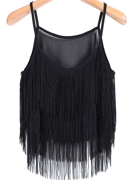 Spaghetti Strap Tassel Black Cami Top Sheinsheinside