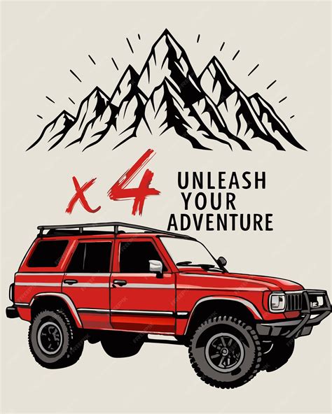 Illustrates a 4x4 trail vehicle with a mountain background with the