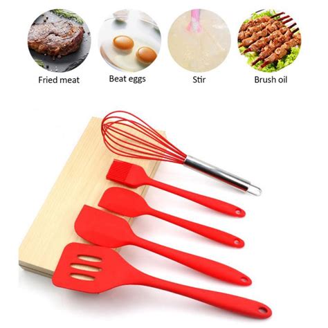 5Pcs Set Black Pink Red Silicone Cooking Tool Sets Egg Beater Spoon