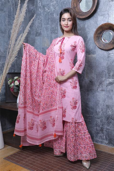 Floral Print Kurti Sharara Dupatta 3 Piece Set Etsy