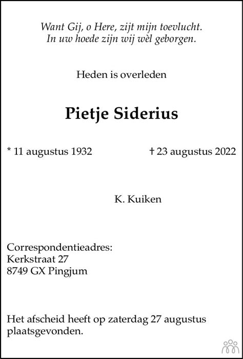 Pietje Siderius Overlijdensbericht En Condoleances