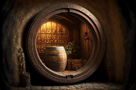 Premium Photo Wooden Wine Barrel With Metal Hoops Stored In Cellar