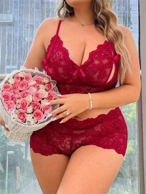 Classic Sexy Plus Floral Lace Cut Out Lingerie Set SHEIN USA