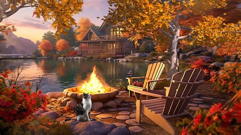 Autumn Cozy Lake House Porch Ambience With Bonfire Crickets Birdsong